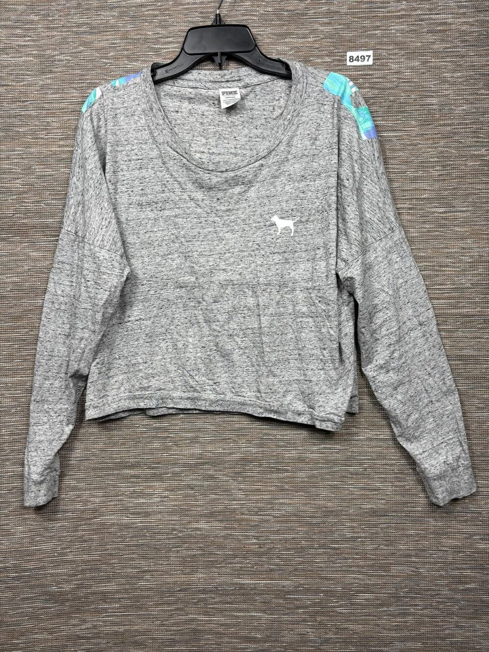 PINK Victoria's Secret Shirt Womens Large Gray Palm Leaf Crop Long Sleeve